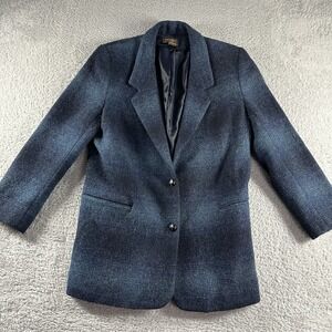 VINTAGE Eddie Bauer Wool Blazer Jacket Womens‎ Small / Medium Blue Plaid Tweed
